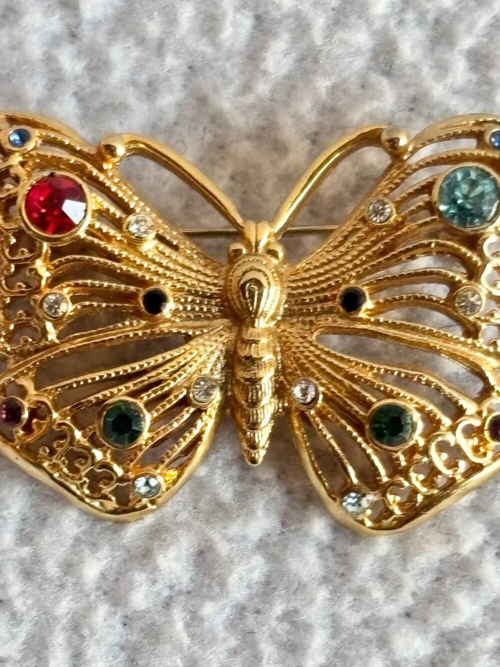 Vintage Gold Tone Butterfly with Multicolor Stones Brooch